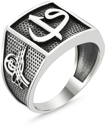 Elif VAV ve OSMANLI Tuğra Motifli Gümüş Erkek Yüzük 925 ayar Gümüs, Osmanische Siegel Tugra 925 Silber Herren Ring Geschenk für Männer Geschenkidee für Vatertag Geburtstag (65 (20,6 mm))