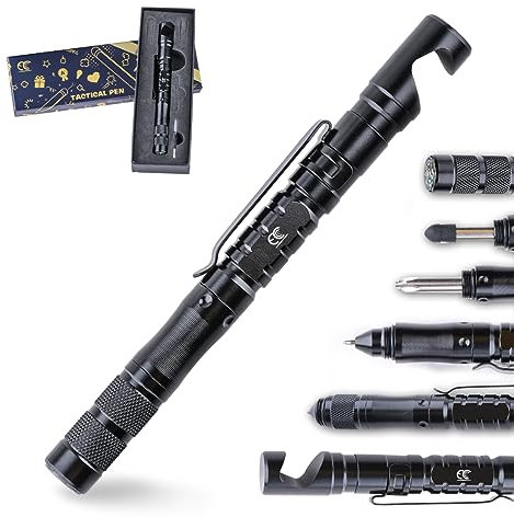 MCCC Taktischer Stift 8-in-1 Multitool mit Handyhalter, Stylus, Schraubendreher, Glasbrecher, Kompass, Aluminium-Edelstahlgriff