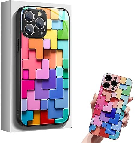Georcep Flat 3D Square Pattern Glass Case Cover Compatible with iPhone (A-Black,for iPhone14 pro Max)