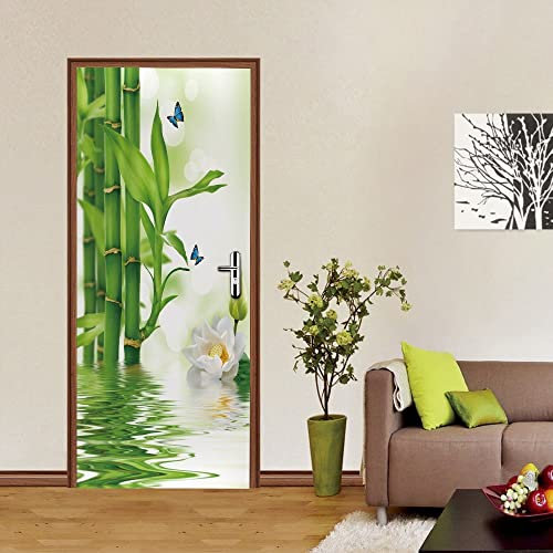 stickers paroi de douche 95x215cm(37.4 inches * 84.64 inches)Bambou vert Autocollants de porte 3D pour portes intérieures autocollant de porte étanche effet 3D papier peint bricolage peintures murales