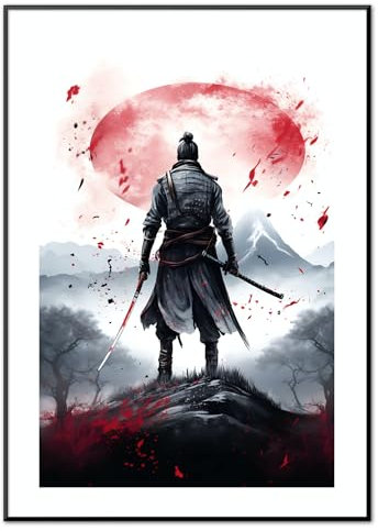 MJ-Graphics | Poster Set Japan Samurai Temple Wohnzimmer & Schlafzimmer | Din A2 300g Qualitätsdruck | Meditation Zen | Rot-Weiß Wanddeko ohne Rahmen
