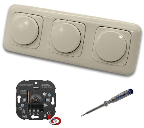 EBROM 1001 (3 Stück) LED Drehdimmer Dimmer + Busch Jäger Dimmerscheiben 2115-212 in DURO2000 cremeweiß glänzend im 3-fach Rahmen inkl. EBROM Phasenprüfer zur Montage der Geräte