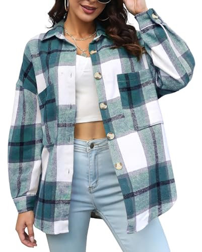 DayaEmmoTQ Blouses à carreaux pour femmes décontractées - Oversize Revers Manteau en laine Veste de chemise Mode Manches longues Manteau d'hiver Automne Hiver Chaud Chemisier, vert, L