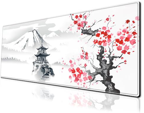 Grand tapis de souris de jeu aquarelle en fleurs de cerisier - 80 x 30 cm - Base en caoutchouc antidérapante étendue avec bords cousus pour bureau, maison et bureau
