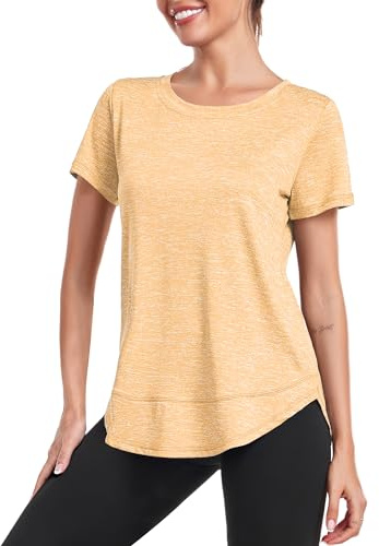 Deaviya Women's Sports T-Shirt Gym Tops, Short Sleeve Workout Casual Running Tops, Ladies Gym Yoga Sports Top, Crew Neck Fitness T-Shirts for Women, Loose Side Split Tee,Yellow XXL