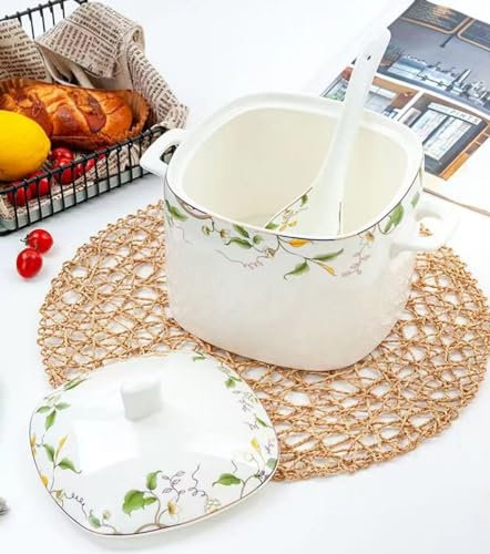 Bone China Serving Soup Tureen with Lid and Ladle Set, 3000ml Large Ceramic Serving Bowl with Cover for Parties Eating Entertaining Home Decor, 109oz, Microwave & Oven Safe, Porcelain (Flower)