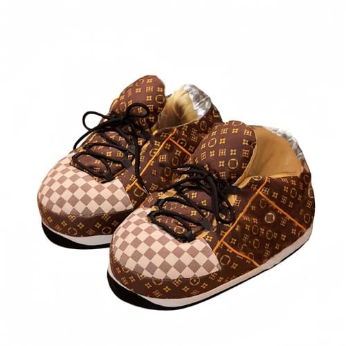 CUZUDIN Sneaker Slippers for Women Men, Non-Slip House Plush Slippers Comfy Warm Indoor Outdoor Fluffy Shoes Unisex One-Size(Brown)