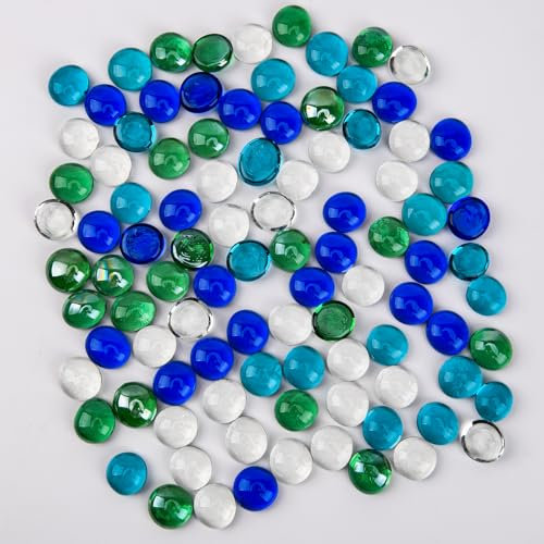Hisredsun 13-16mm 750 pcs Small Glass Pebbles, 4 lbs Flat Marble Beads,Vase Filler Stones Fire Glass Pebbles Artificial Gemstones Decorative Glass Stones for Aquarium, Flowerpot, Landscaping