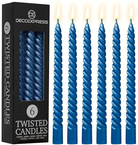 DECO EXPRESS Stabkerzen Set 3er oder 6er Tropffreie Stabkerzen Gedrehte Spiralkerzen Bunte Kerzen Brenndauer 6 Stunden Unparfümiert (Metallic-Blau – 6er-Pack)