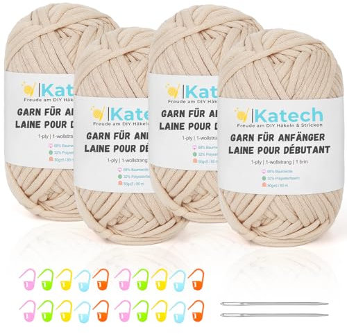 Katech Häkelgarn für Anfänger, 1-Wollstrang Kein Geteiltes Wolle zum Häkeln von Tier Untersetzer, Häkel- & Strickgarn, Dicke Wolle zum Stricken, 4 * 50g Dickes Garn Baumwolle zum Häkeln, Beige