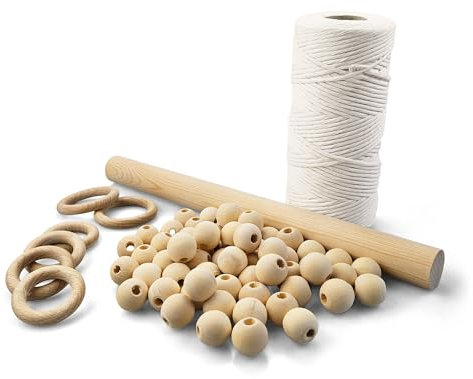 Netuno Makramee Set für Anfänger mit Anleitung Baumwollkordel Kalkweiß Holzringe Holzperlen Holzstab für Wandbehang Blumenampel Pflanzenaufhänger Makramee-DIY-Set zum Selbermachen Makramee Knüpf-Set