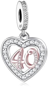 13 18 21 30 40 50 60 70 80 Birthday Age Anniversary Rose Gold Love Heart Charm Bead Pendant 925 Sterling Silver Compatible With Pandora Charm Moments Bracelet (40th Birthday Charm)