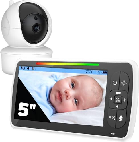 Baby-Kamera, Babyphone mit großem 12,7 cm (5 Zoll) HD-Display und 3000 mAh, Überwachungskamera für Babys, Nachtsicht, bidirektionale Gegensprechanlage, Baby-Monitor mit Liedern