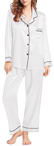 Pigiama da donna in seta a maniche lunghe, set di due indumenti da notte con bottoni, abbigliamento da notte per il tempo libero, pigiama in pile natalizio, bianco, 5XL