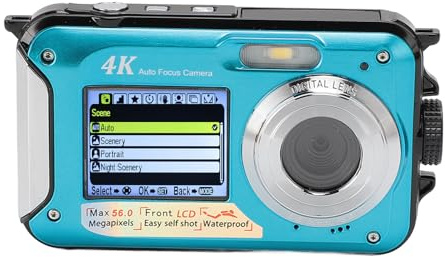 4K wasserdichte Kamera, 10 Fuß wasserdichte Digitalkamera mit 16 fachem Digitalzoom Autofokus, 56 MP Dual Screen Unterwasserkameras Zum Schnorcheln und Schwimmen (Blue)