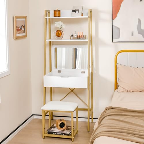 COSTWAY Dressing Table Set with Folding Mirror, Ladder, Dressing Table and Padded Stool, Set of 4 Shelves, Small Dressing Table for Small Spaces, Bedroom (White+Gold)