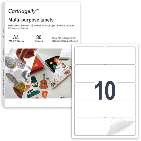 Cartridgeify Universal Etiketten, 80 Blatt, 56 x 95 mm, 10 pro A4-Blatt, 800 Stück, mattes Blankopapier, selbstklebende bedruckbare Etiketten-Aufkleber, weiß