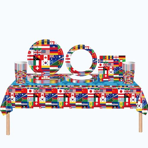 69pcs International Flags Tableware Set for VE Day 80th Anniversary Decorations,Paper Plates and Napkins Serviettes Cups Plastic Table Cloth Dinnerware for VE Day Feast European Sports Event Party