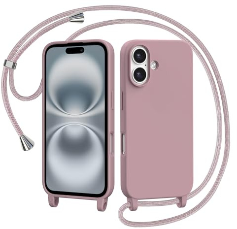 AOMYKE Funda para iPhone 16 Plus con Cuerda, Silicona Líquida Carcasa con Cordón Correa Colgante Ajustable Collar Correa Teléfono Case Cover, Rosa