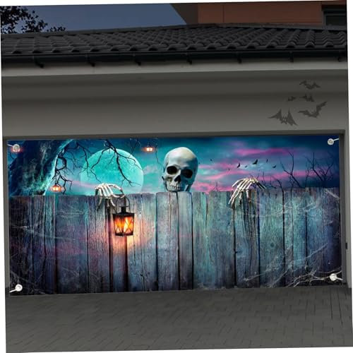 Halloween Garage Door Banner 16x7 Fuß Halloween Garagentor -Abdeckung mit Schädelköpfen, Laternen und Skeletts Design großer Außenkulisse für Feiertagsfeiern, Halloween -Foto -Hintergrund, Halloween