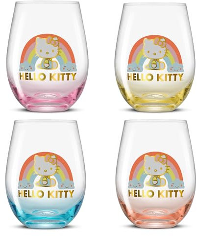 JoyJolt Hello Kitty Sweet Rainbow Stemless Drinking Glasses Set of 4, 19oz Glass Cups, Kawaii Kitchen Glassware Sets, Sanrio Hello Kitty Merch, Teardrop Tumblers for Water, Juice, Coffee, Iced Tea
