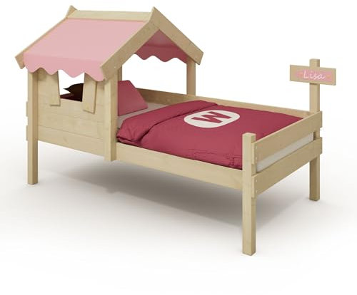 Wickey Kinderbett Crazy Dreamy - Einzelbett, Spielbett für Kinder aus Massivholz mit Planendach - 90 x 200 cm - pastellpinke Plane