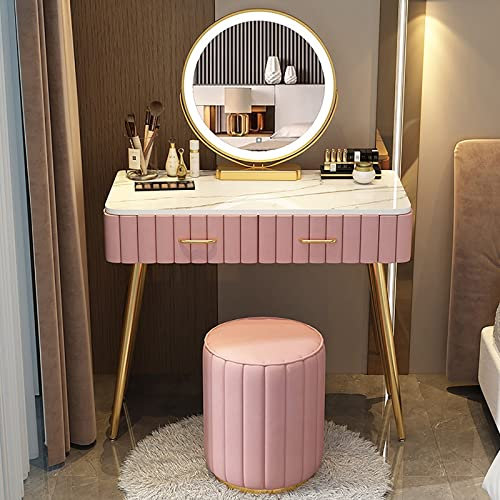 Ensemble de coiffeuse de maquillage avec miroir éclairé 3 couleurs, tabouret rembourré et cloison de rangement en bois massif pour chambre familiale, cadeau idéal pour femme, chaise de coiffeuse rose,