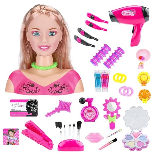 Sionhiuo Set Di Bellezza Per Parrucchieri E Trucchi, Teste Per Parrucchieri, Trucco Per Bambini, Testa Per Trucco Top Model, Parrucchiere Con Rumore, Piastra Per Capelli, Gioco Di Ruolo