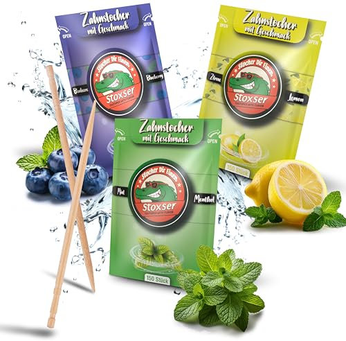 Stoxser 450x Zahnstocher mit Geschmack 3er Pack Blaubeere und Zitrone/Lemon und Mint/Menthol Geschmacksrevolution Zahnstocher Geschmack Kein Kaugummi Unterstützend zu Zahnpasta Zahnseide Zuckerfrei