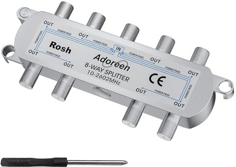 Adoreen 8-Wege-Koaxialkabel-Splitter, 10-2602 MHz, bidirektionales Mini-Signal, RG6/RG59, Koaxialkabel für Innen- und Außenbereich, für CATV, Satellit, Antenne, MoCA, Internet, Modem + Schraubendreher