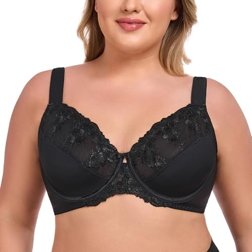 Ayigedu UK Women's Underwire Bra Lace Non Padded Plus Size Full Coverage Minimizer Bras Black 46-B