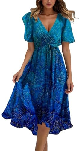 Nuaoxyeu Midikleid Sommer Chiffon Strandkleid Damen 2025 Boho Lange Kleid Mit Gürtel Elegant V-Ausschnitt Sommerkleid Sommer Maxi Dress Blumenkleid Abendkleid Outlet Angebote