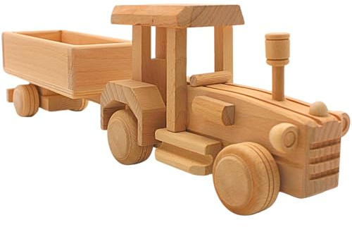 Nachhaltiger großer Holztraktor, Holzauto als Traktor, Dekoauto, Holztrecker, Trecker mit Hänger als Modellauto aus Holz, L/B/H 40 x 7 x 12 cm.