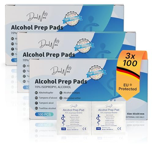 DasWas 3 x 100 Toallitas con Alcohol – Toallitas Desinfectantes con 70% Isopropílico – Desinfectantes Cutánea Individuales (65×30 mm) – 300 Alcohol Wipes Uso Médico y Cuidado Diario