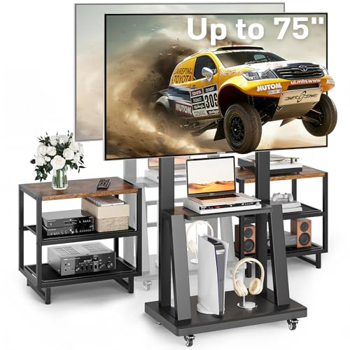 ikkle TV-Ständer Rollbar, 2 Seitentischen & Ablage für 32–75 Zoll | 13-Stufig Höhenverstellbarer Fernsehständer mit Rollen, Fernsehtisch für Wohnzimmer, Schlafzimmer oder Büro