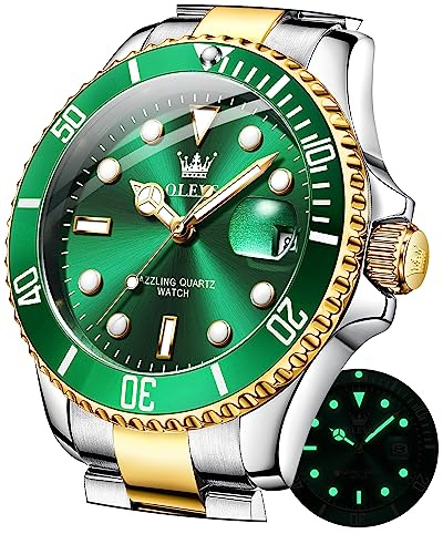 OLEVS Uhren für Herren, klassisch, Datum, Business-Kleid, luxuriös, großes Zifferblatt, grün/schwarz/blau, wasserdicht, leuchtende, Analoge zweifarbige Edelstahl Herren Armbanduhr