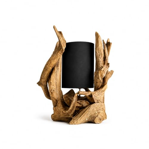 Bressmer BION Premium-Qualität Tischlampe Holz aus Exklusiv-Teak-Treibholz | handgefertigte luxuriöse Treibholzlampe mit Leinenschirm | Wurzelholz-Lampe Unikat für Wohnzimmer, Schlafzimmer und Büro