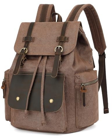 koolehaoda Vintage Canvas Rucksack Backpack Unisex Casual College Bag für 15,6 Laptop Business Lederbesatz Rucksack Sportrucksack für Wandern, Reisen, und Camping Tagesrucksack