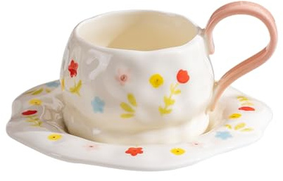 OHAANYY Taza Café Porcelana Platillo Vajilla Flores Mariposas Té Verde (PINK)