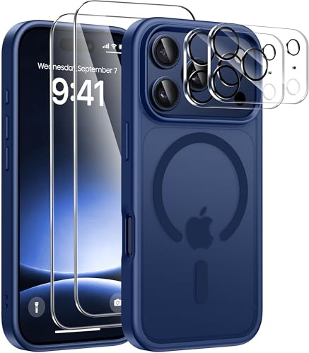 ivencase for iPhone 17 Pro Case, with 2 Pack Screen Protector and 2 Pack Camera Lens Protector, Compatible with MagSafe, Shockproof Protective Translucent Matte Back Phone Case 6.3 -Dark blue
