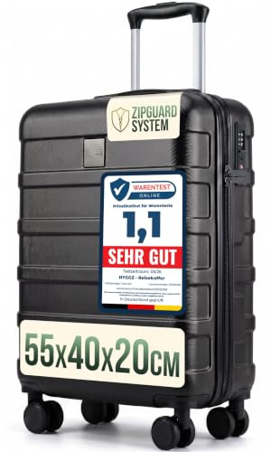 HYGGZ® Trolley Handgepäck Koffer, Schwarz, 55x40x20cm, Hartschale | TSA Schloss, 360° Rollen, 36L Volumen, Passend für Lufthansa, Ryanair, Eurowings