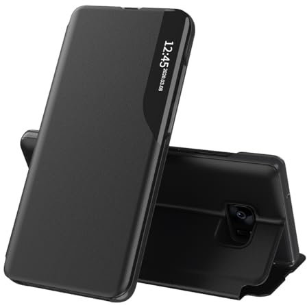 Techsuit für Samsung Galaxy S7 Edge Klapphülle mit Kartenfach, Standfunktion, Smart View Fenster, Kameraschutz, Kratzfest, eFold Series, PU Leder, Schwarz