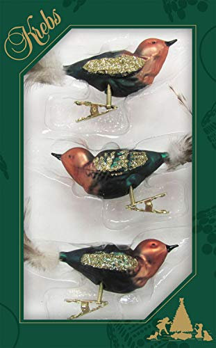 Dekohelden24 Christbaumschmuck - 3er Set Vögel auf braunem Clip, ca. 13 cm - Glas - Hängender Weihnachtsschmuck - Weihnachten