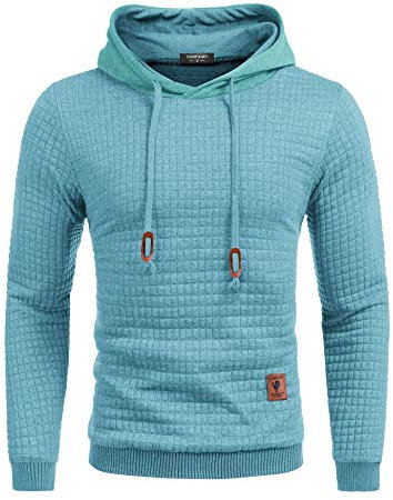 COOFANDY Herren Kapuzenpullover Hipster Gym Langarm Arbeitspullover Kordelzug Karierten Jacquard Pullover Hoodies Himmelblau M