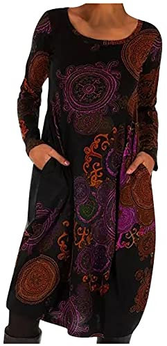 Women Dresses Sale Casual O-Neck Hedging Print Ethnic Style Long Skirt Long Sleeve Loose Dress UK Size Party Elgant Dresses Clearance Work Dress Office Dressing Red