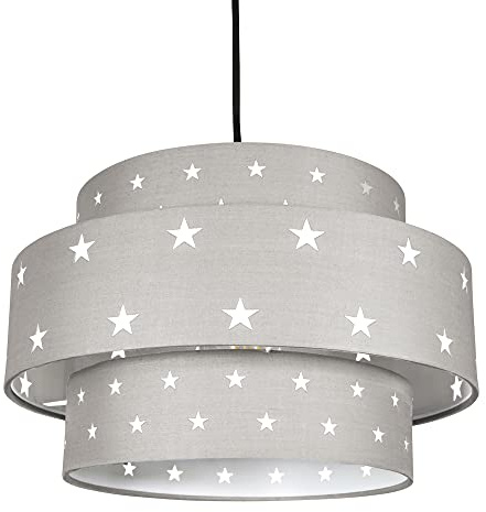 Unique and Modern Triple Tier Soft Grey Cotton Fabric Childrens Pendant Shade with Stars Decoration | 30cm Diameter | 60w Maximum by Happy Homewares