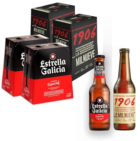Estrella Galicia y 1906 Pack Combinado de Cervezas de 24 Botellas - Incluye 2 packs de 1906 Reserva Especial 33 cl y 2 Packs de Estrella Galicia Especial 25 cl