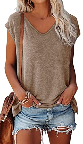 OLIPHEE Camiseta Basica Mujer Verano Mangas Cortas Camiseta Elegante Blusas Casual Toppar T-Shirt Basica Kaqi L