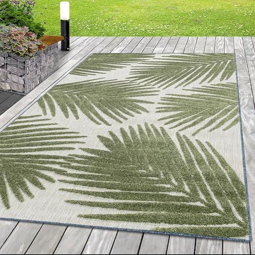 HomebyHome In & Outdoor Wetterfest 140x200 cm Grün, Zickzack Design 3D Effekt - Balkon Teppich Wasserfest, Kurzflor, Flachgewebt - Ideal für Küche, Garten, Camping und Terrasse