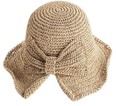 Andiker Women Straw Hat with Bow-Knot, Floppy Wide Brim Sun Cap Foldable Sun Hat UV Protection for Vacation Holiday Outdoor Beach (Khaki with Bowknot)